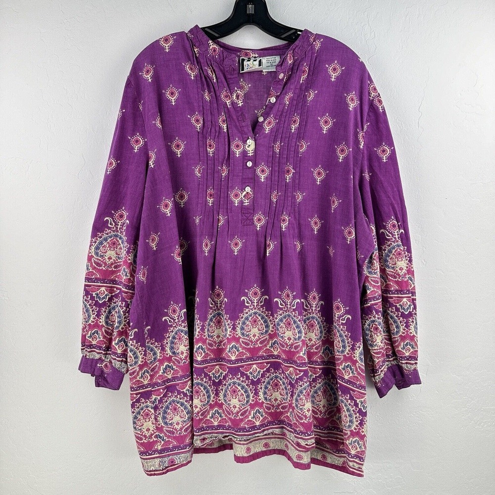 Take Two Clothing Co Tunic Top Colorful Button Up Long Sleeve Abstract Boho 1X